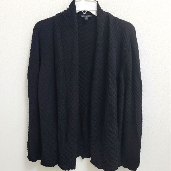 Lafayette 148  120's Wool Open Textured Lightweight Cowl Neck Cardigan Black L - Picture 1 of 6